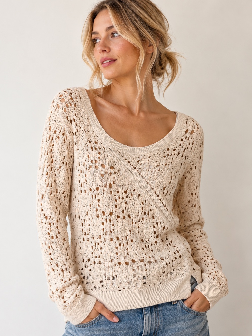 Anthropologie Knitted & Knotted Cream Open Knit Faux Wrap Sweater L